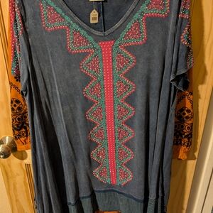 Vocal Navy Tunic with Pink & Green Embroidered Center Panel